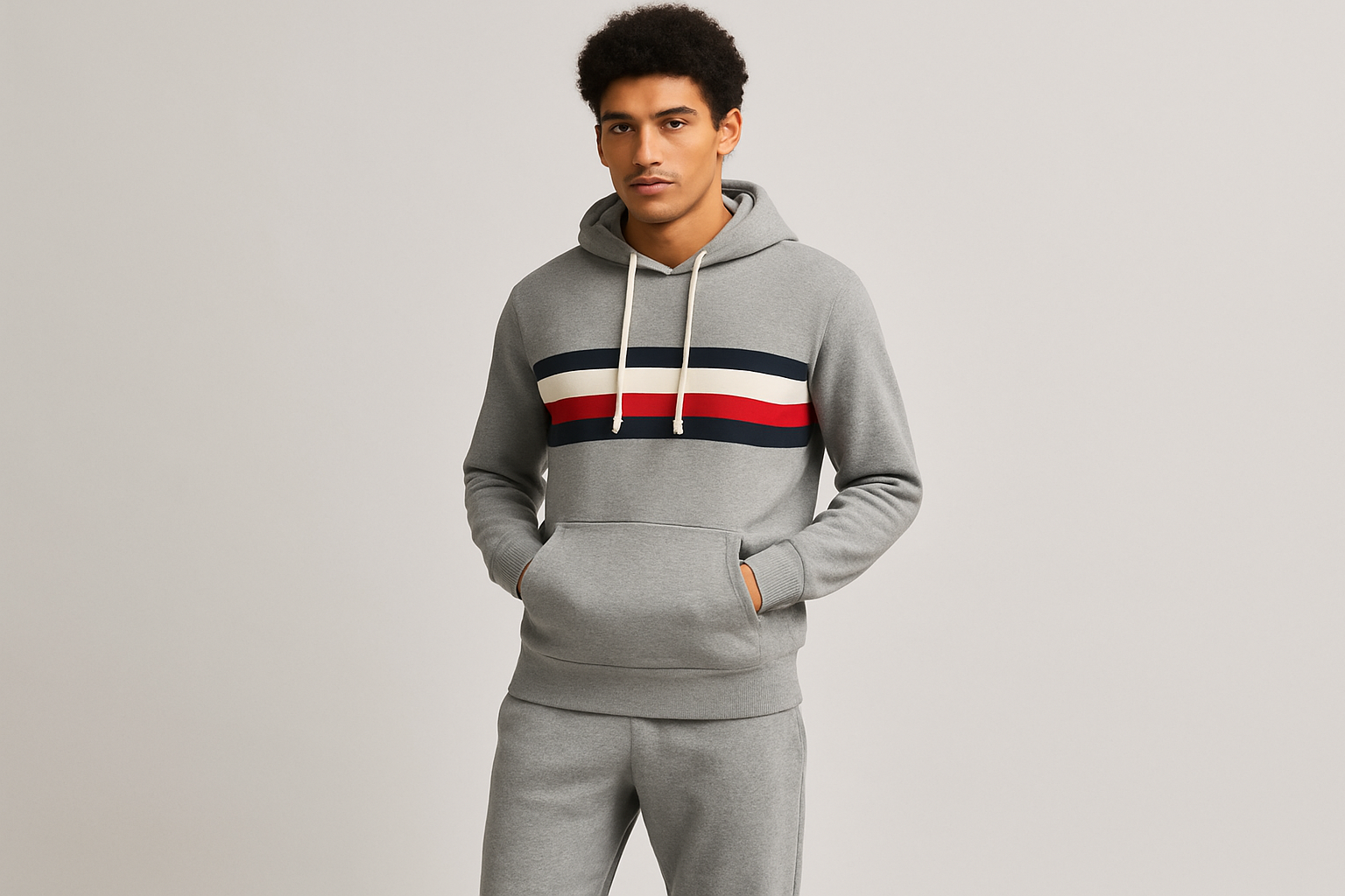 Look 6: Hoodie tricolor con pants grises - Estilo streetwear