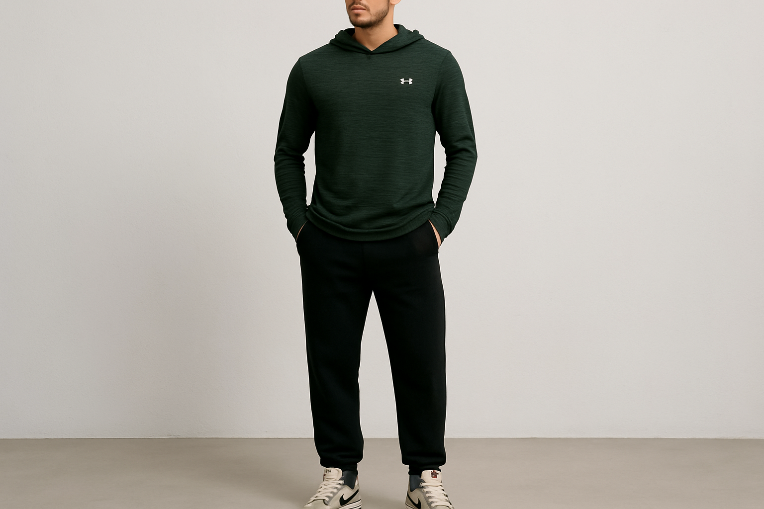 Look 6: Hoodie Under Armour con pants negros - Estilo streetwear