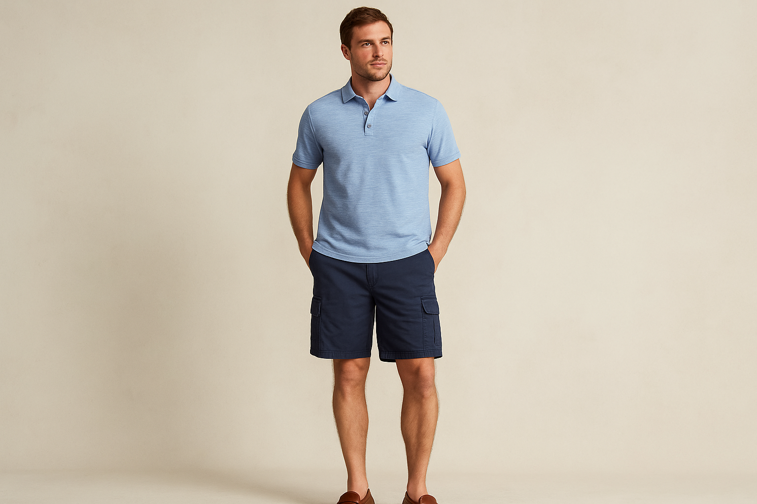 Look 6: Polo azul claro jaspeada con cargo shorts - Estilo preppy casual