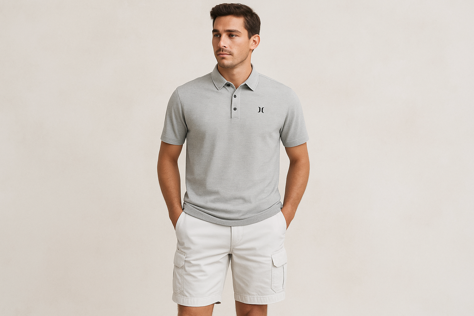 Look 6: Polo Hurley rayada con cargo shorts blancos - Estilo surf preppy