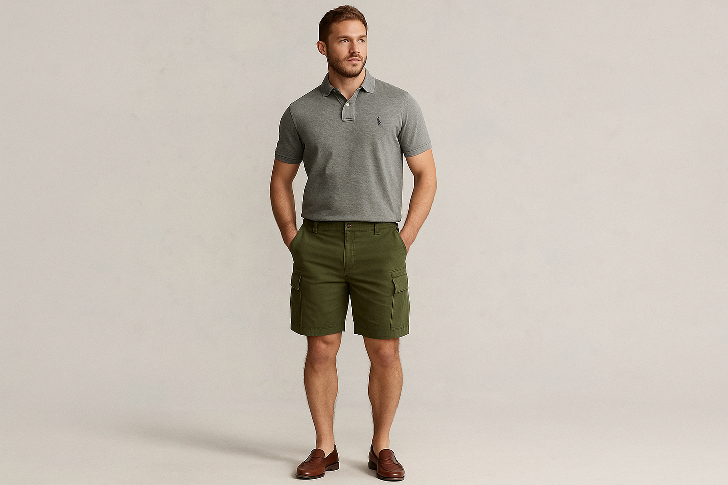 Look 6: Polo Ralph Lauren gris con cargo shorts oliva - Estilo sophisticated preppy