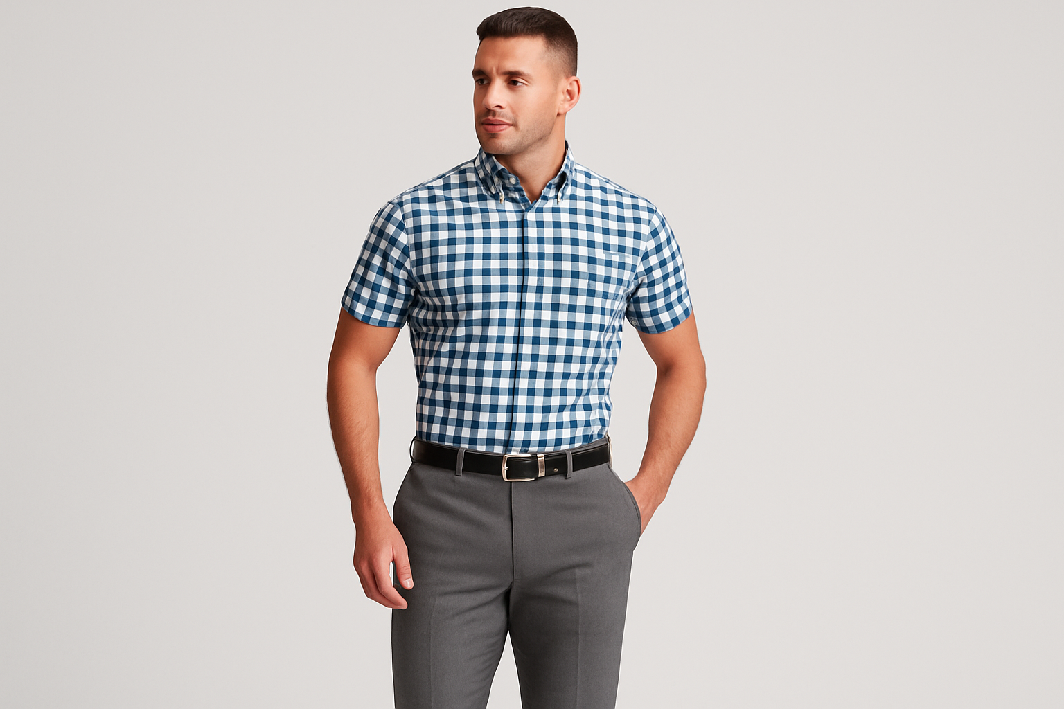 Look business casual con pantalones grises