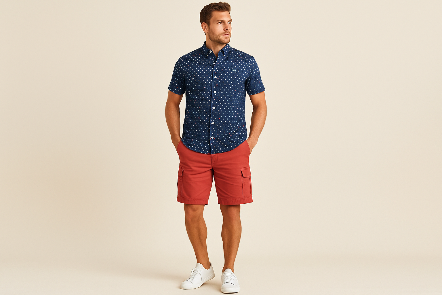 Look casual de fin de semana con shorts rojos