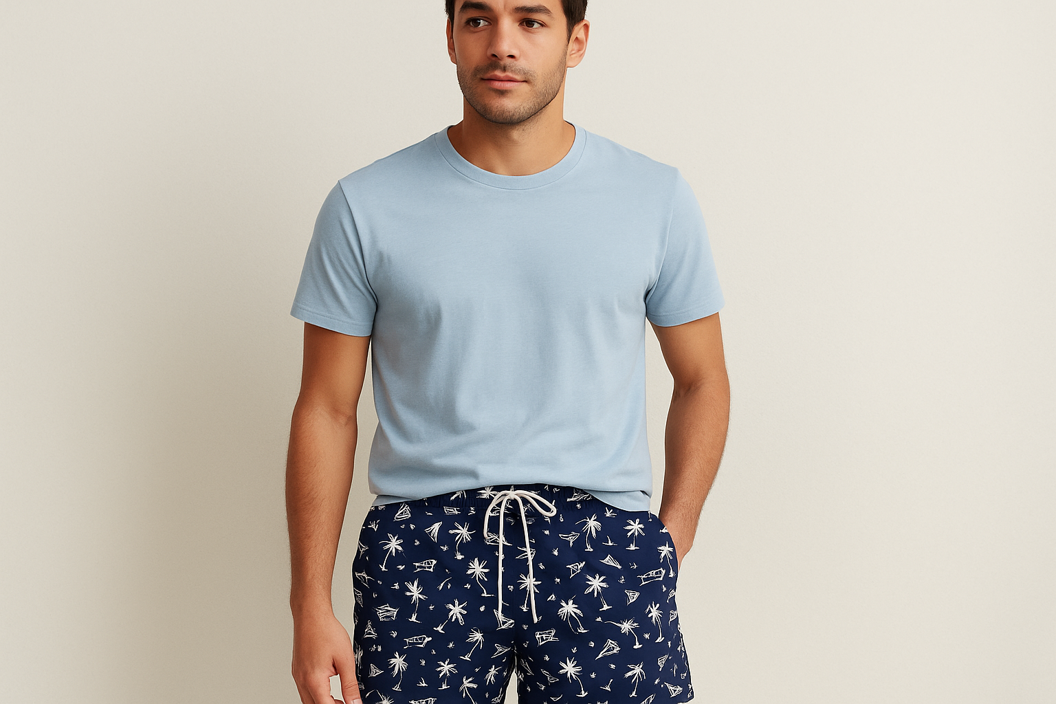 Look con camiseta azul claro cuello redondo