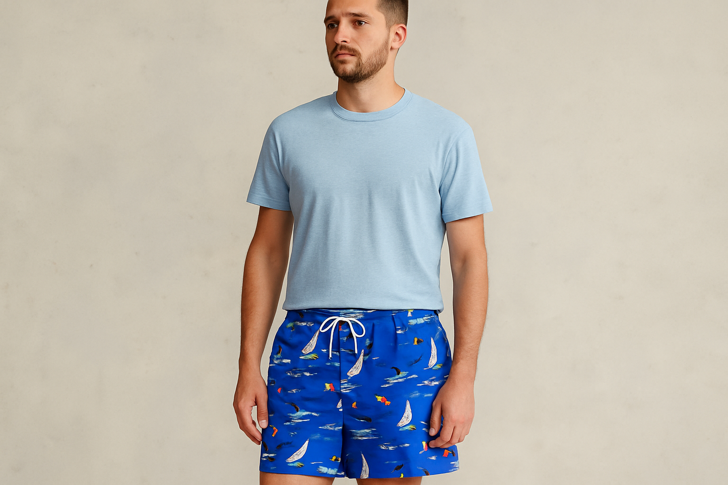 Look con camiseta azul claro cuello redondo