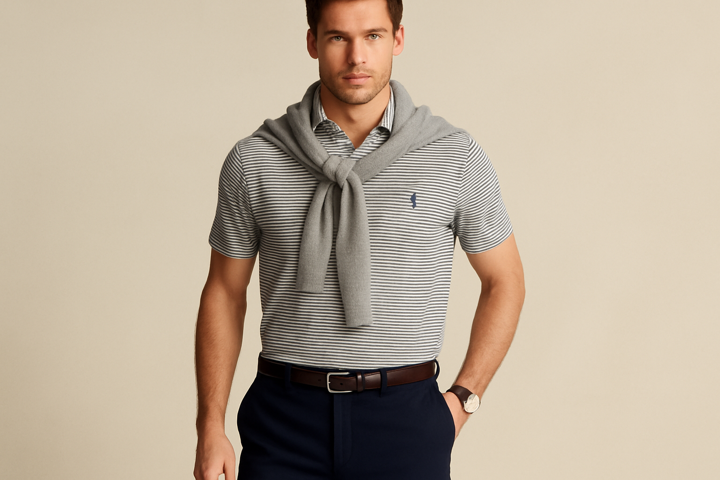 Look country club con suéter en los hombros