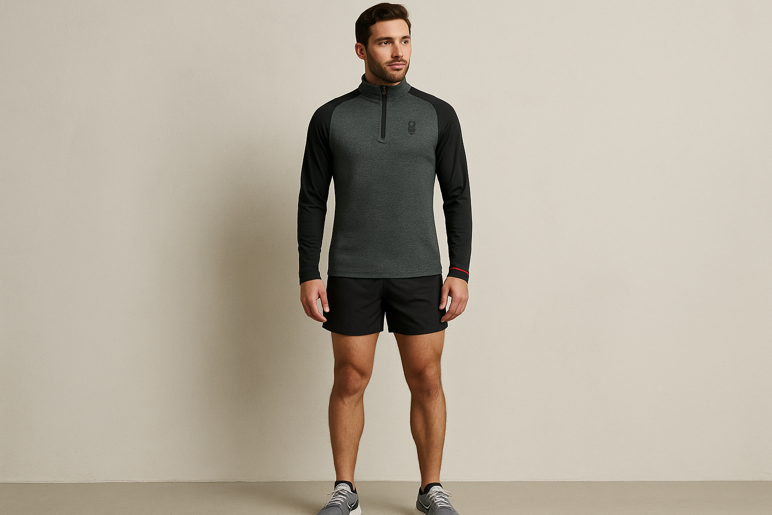 Look deportivo 1: Suéter con shorts negros y tenis de running - Estilo training