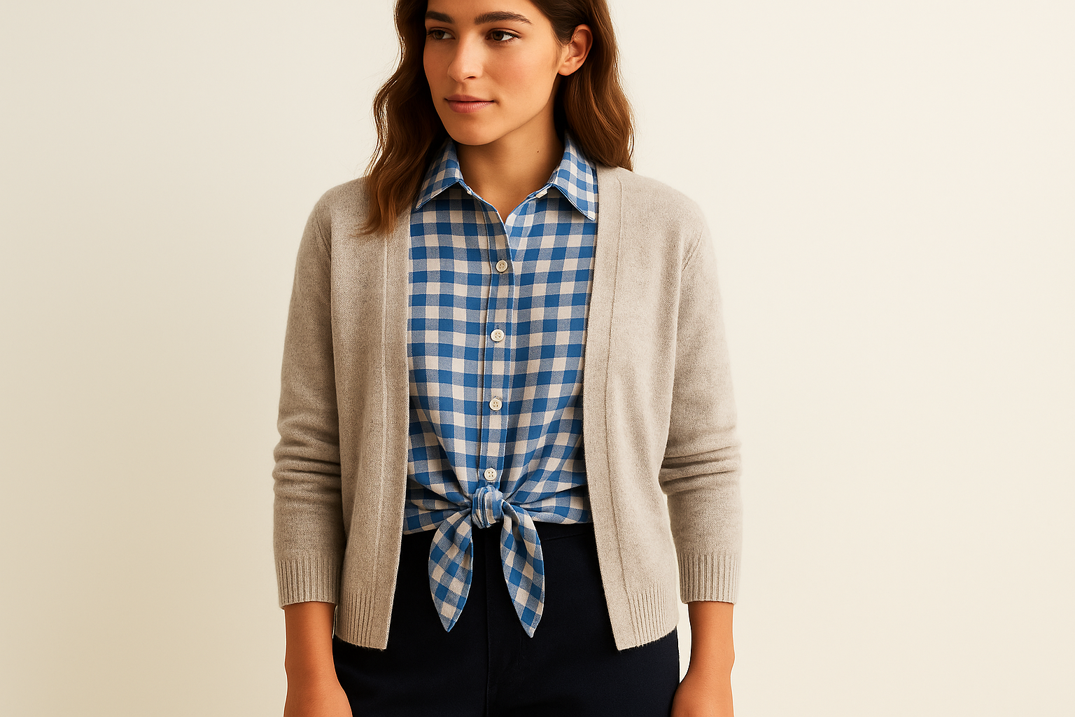 Look en capas con cardigan y nudo frontal