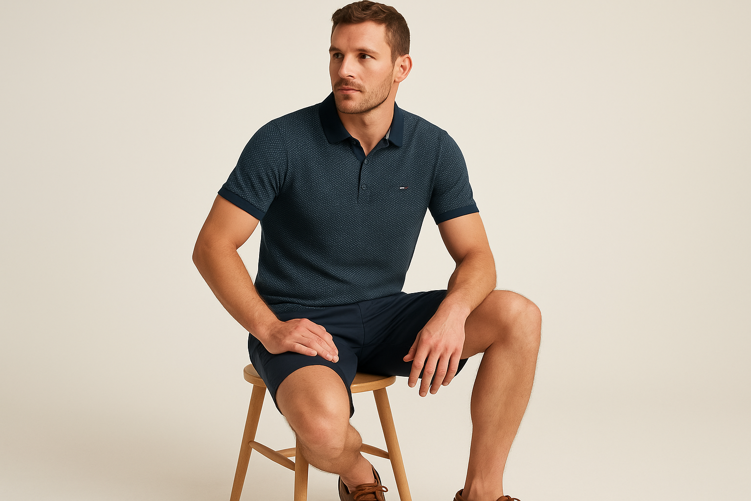 Look náutico sentado con shorts navy