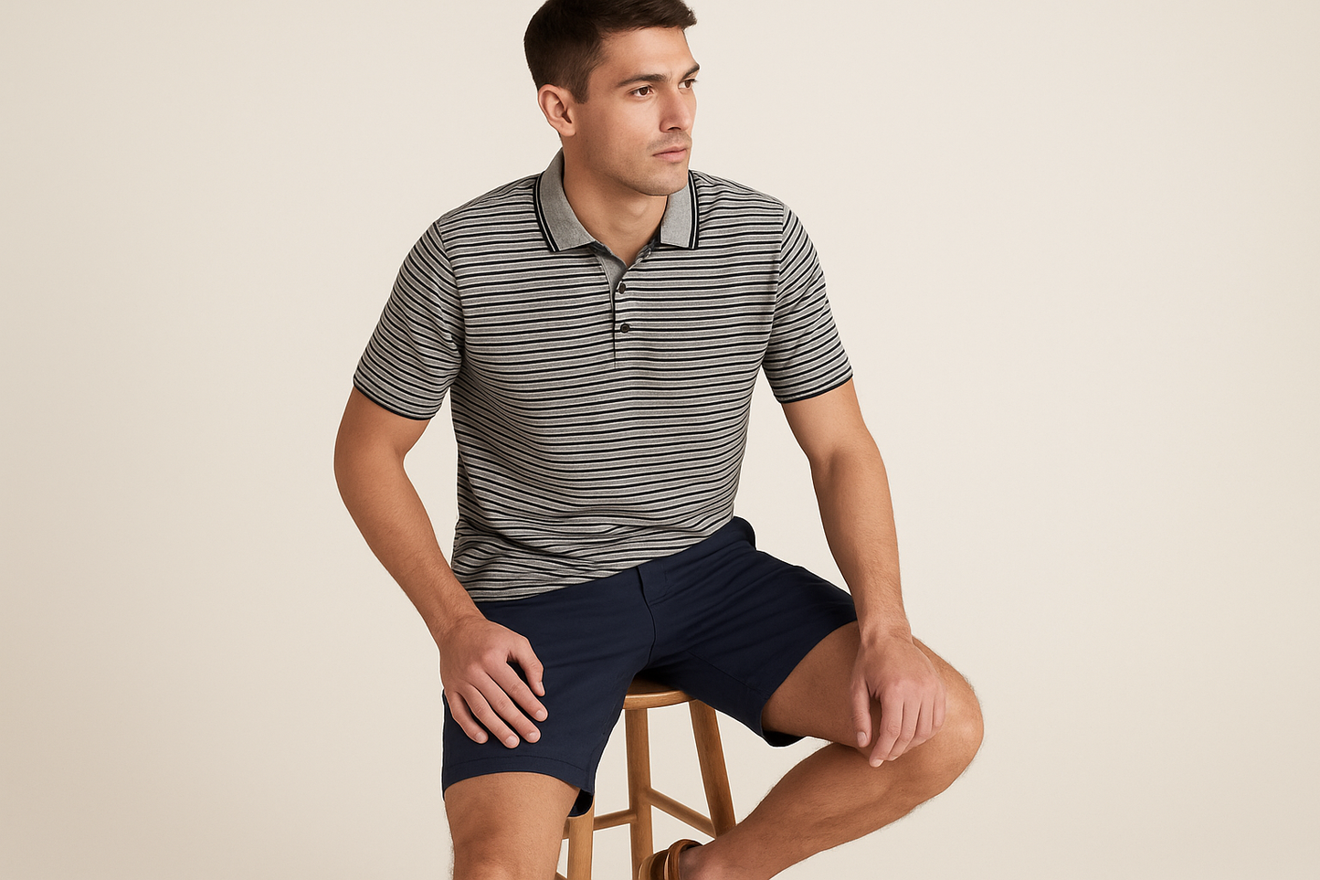 Look náutico sentado con shorts navy
