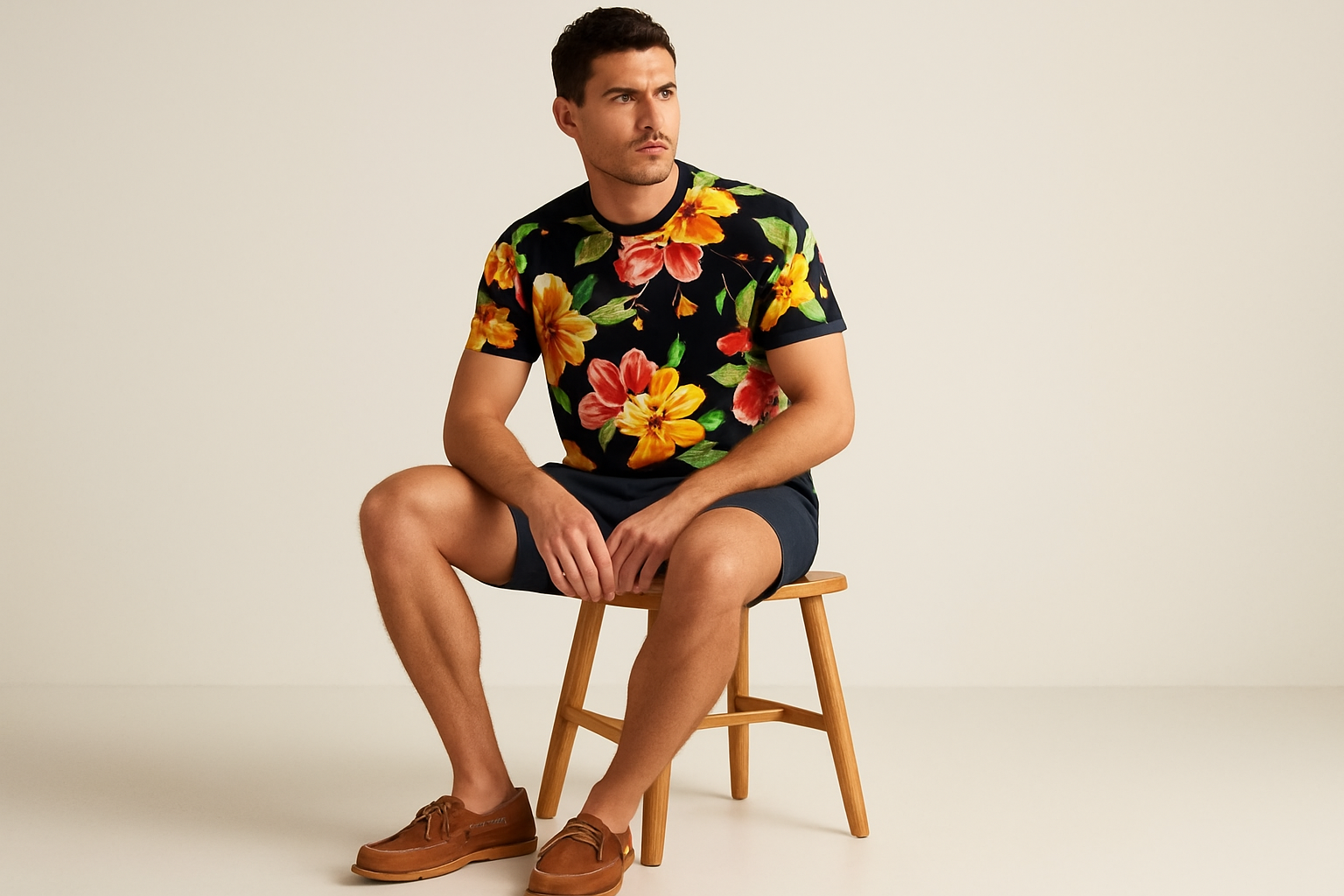 Look náutico sentado con shorts navy