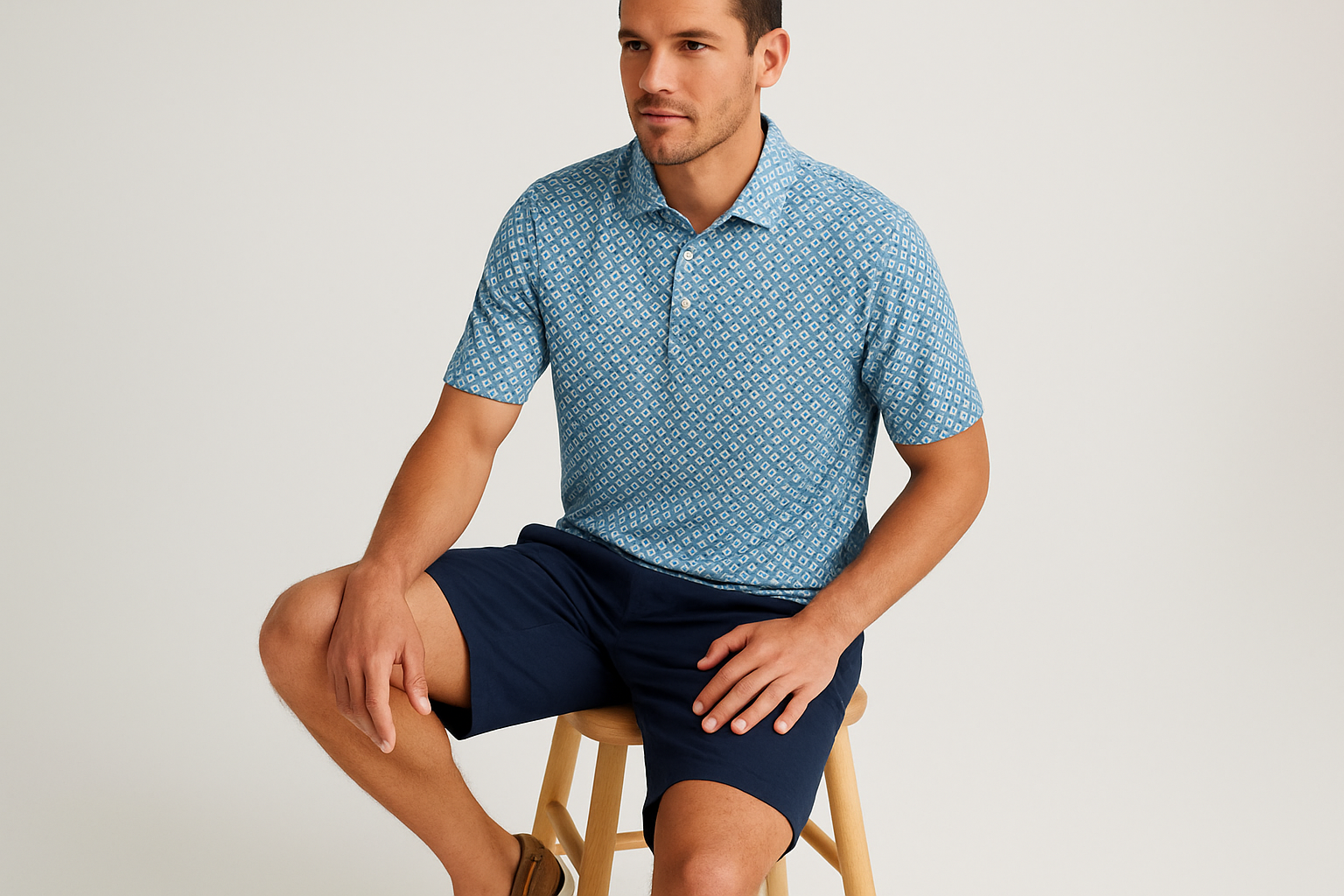 Look náutico sentado con shorts navy