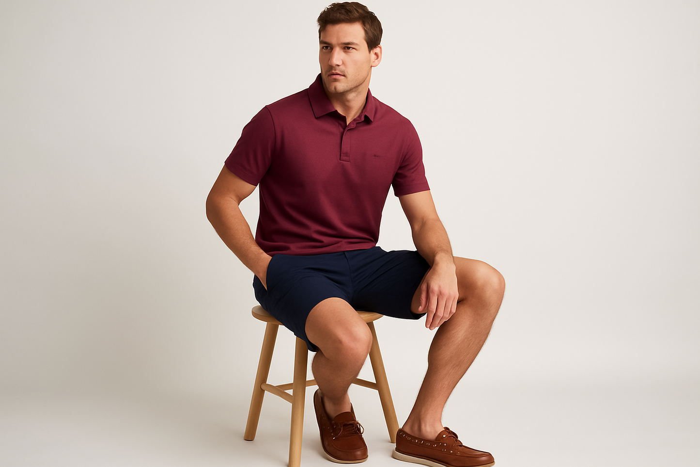 Look náutico sentado con shorts navy