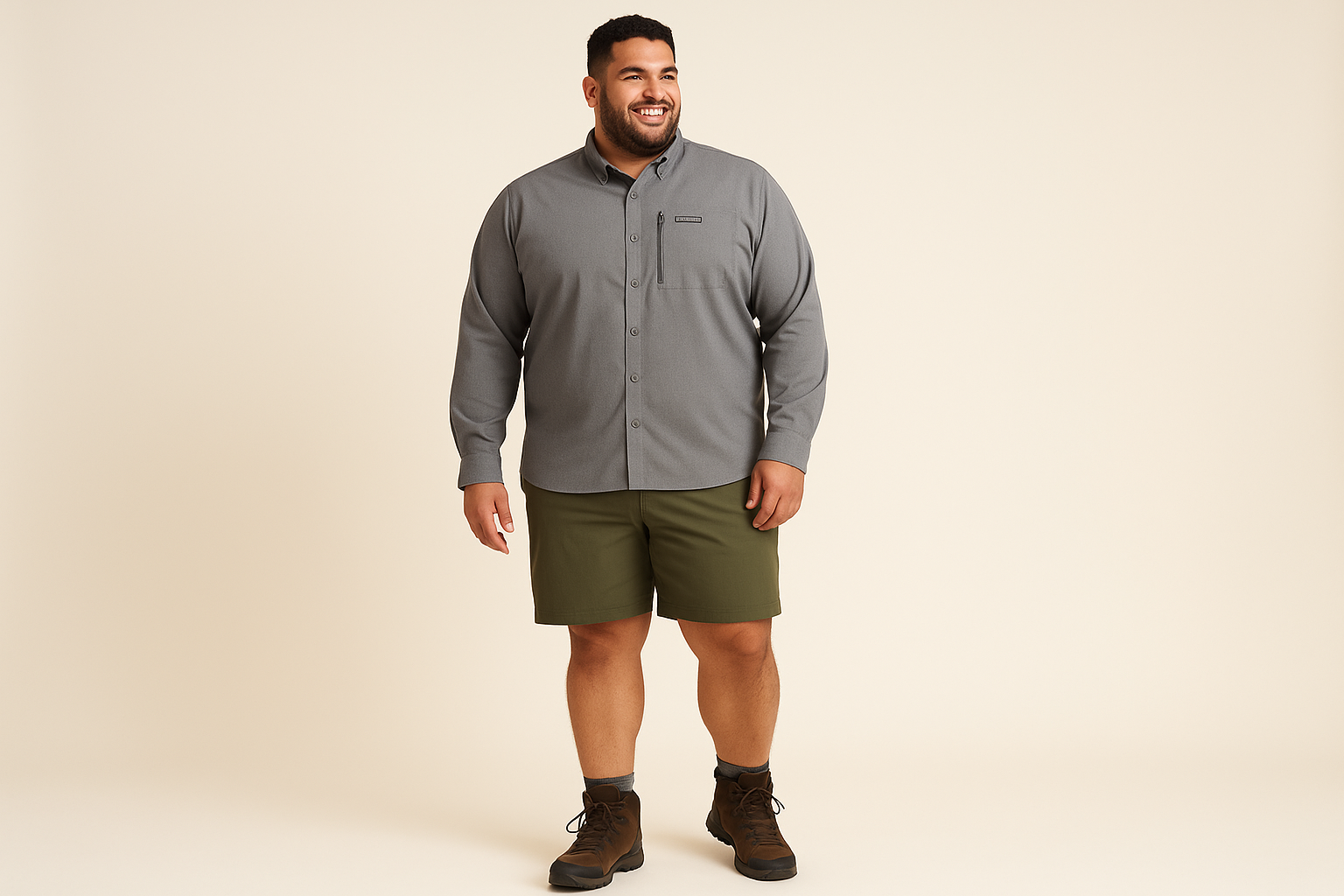 Look outdoor aventurero con shorts verde oliva y botas de trekking