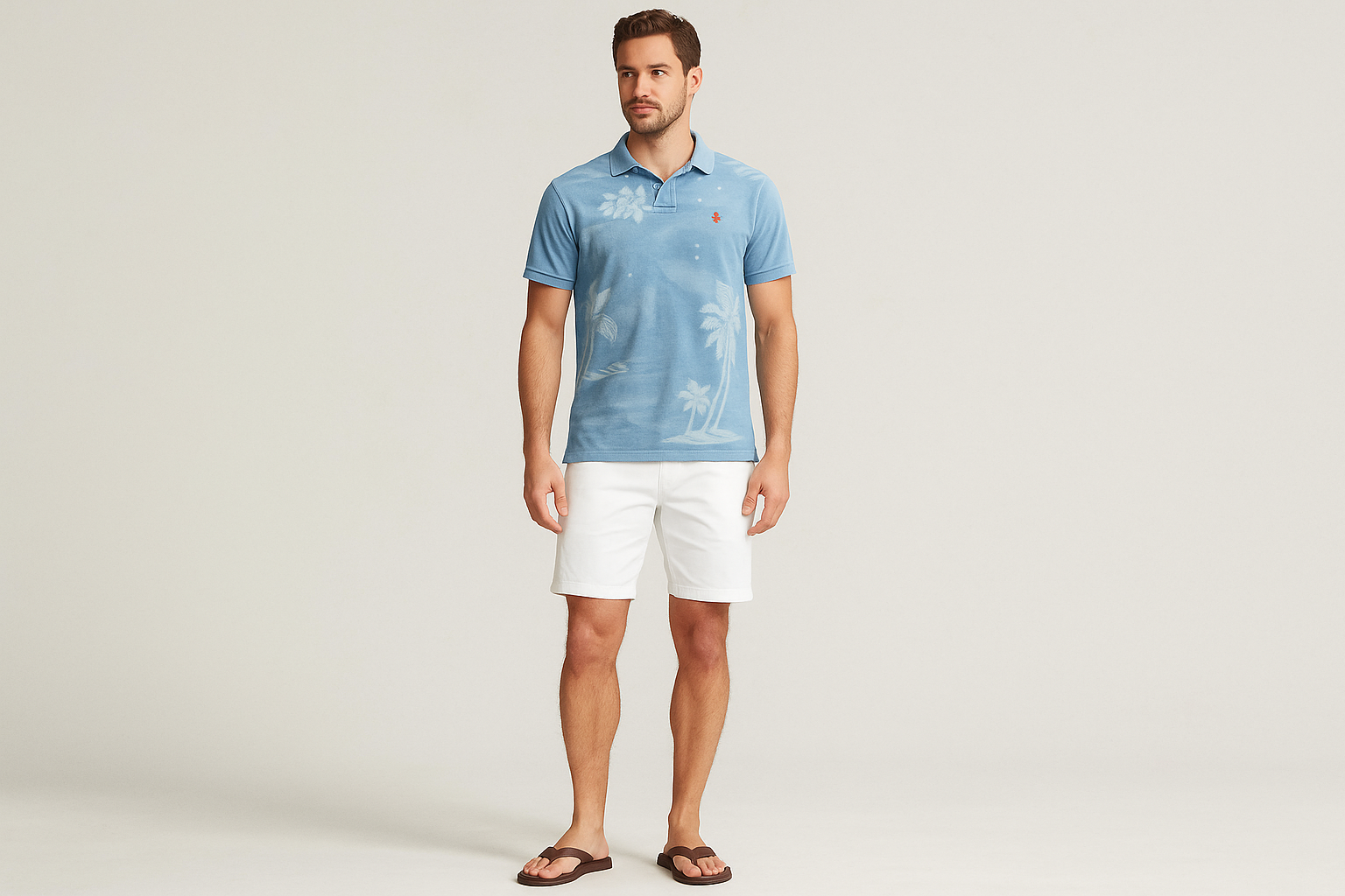 Look playero con shorts blancos y flip flops