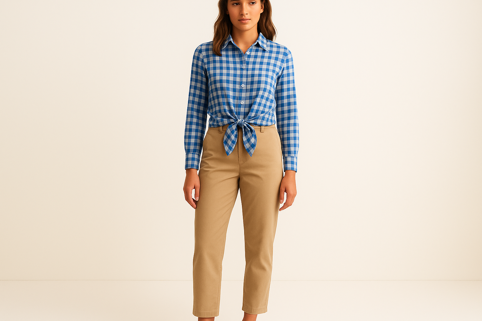 Look preppy casual con chinos caqui y nudo frontal