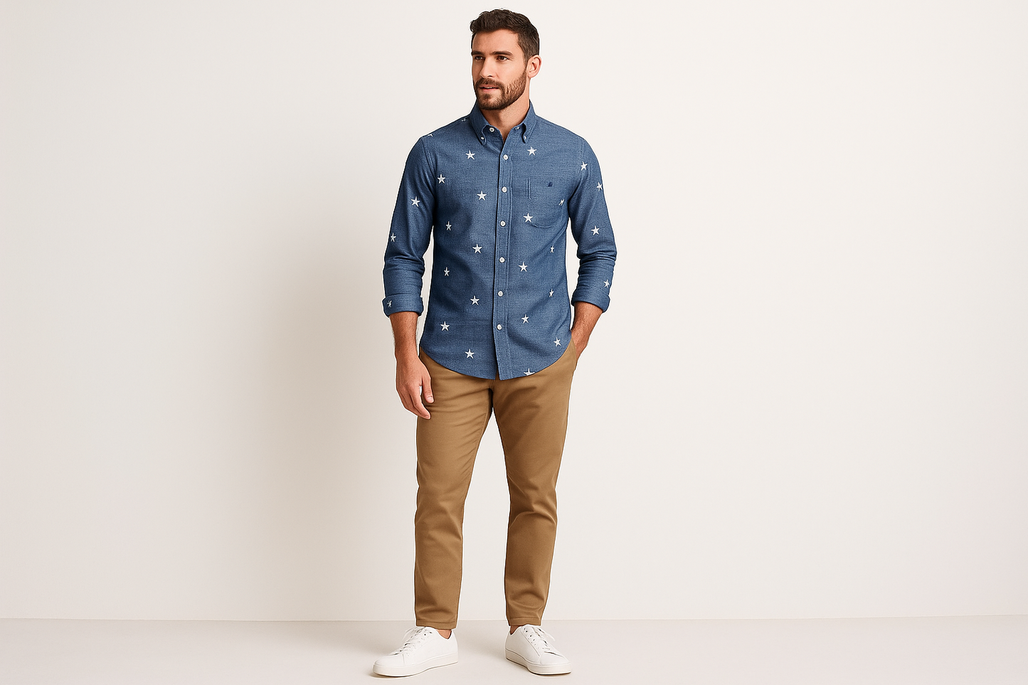 Look preppy casual con chinos caqui