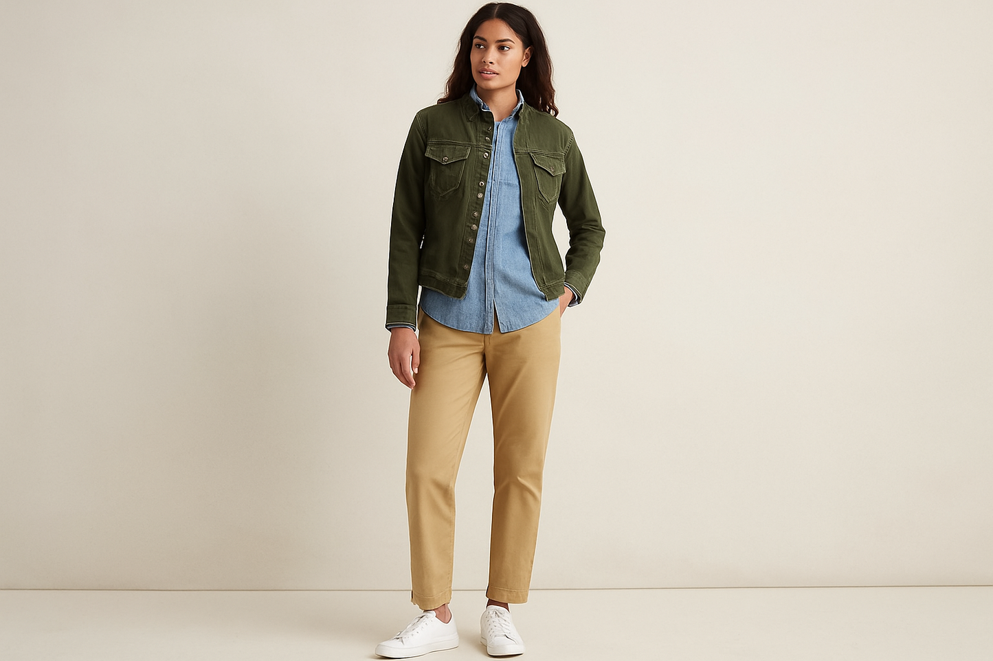 Look preppy casual con chinos caqui