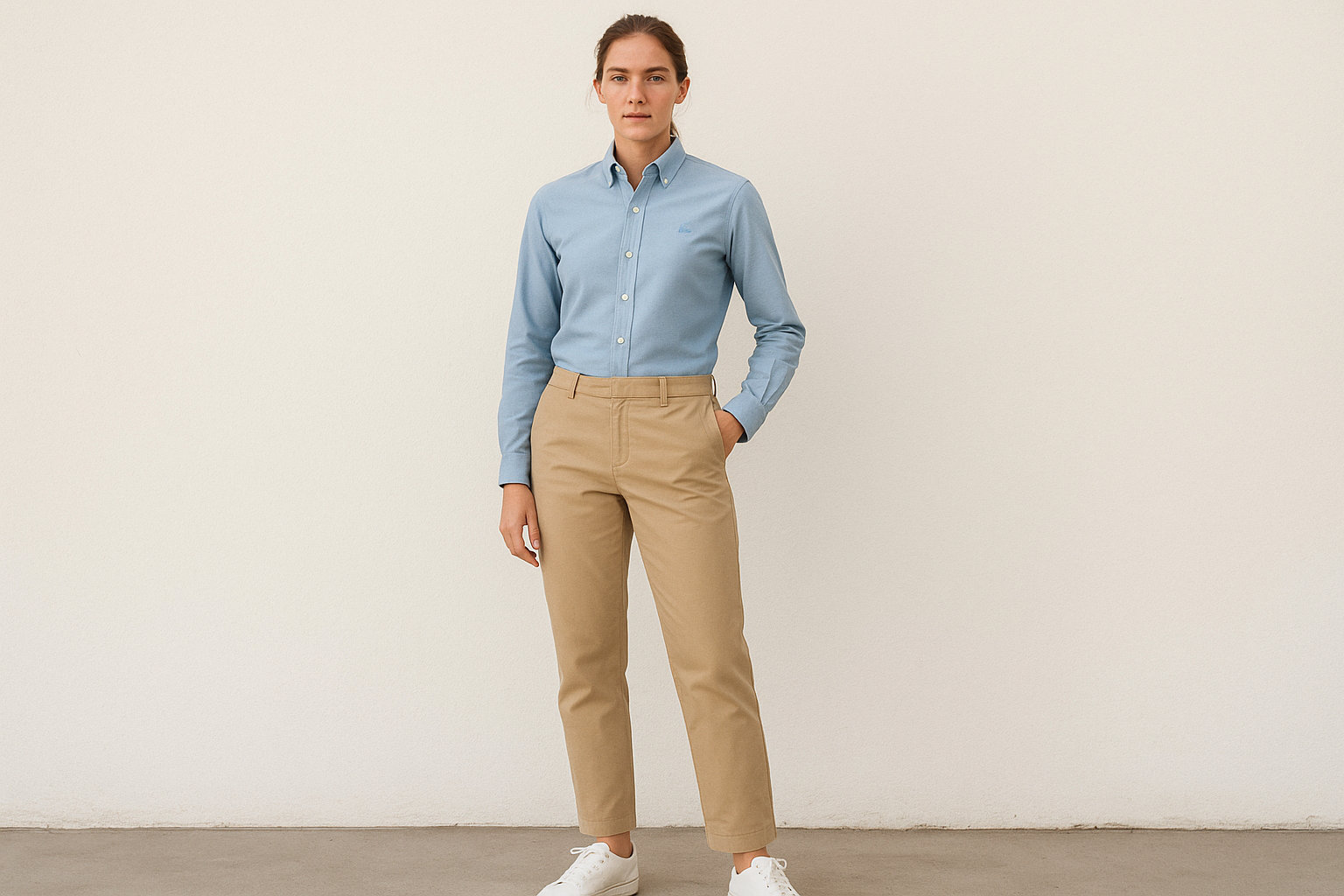 Look preppy casual con chinos caqui