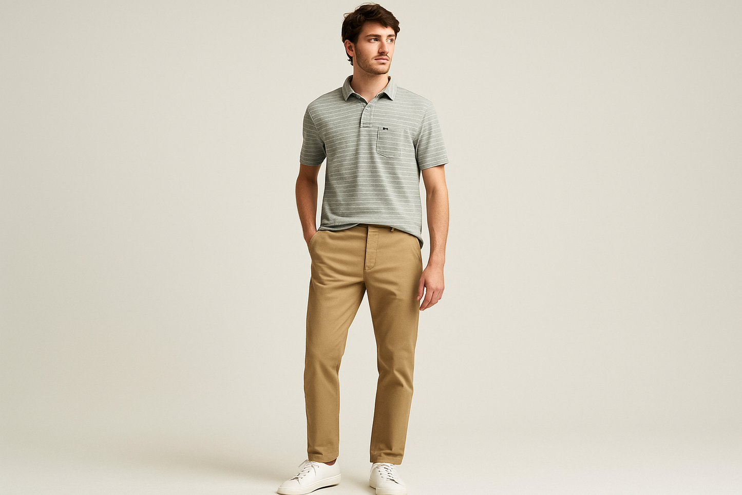 Look preppy joven con chinos caqui