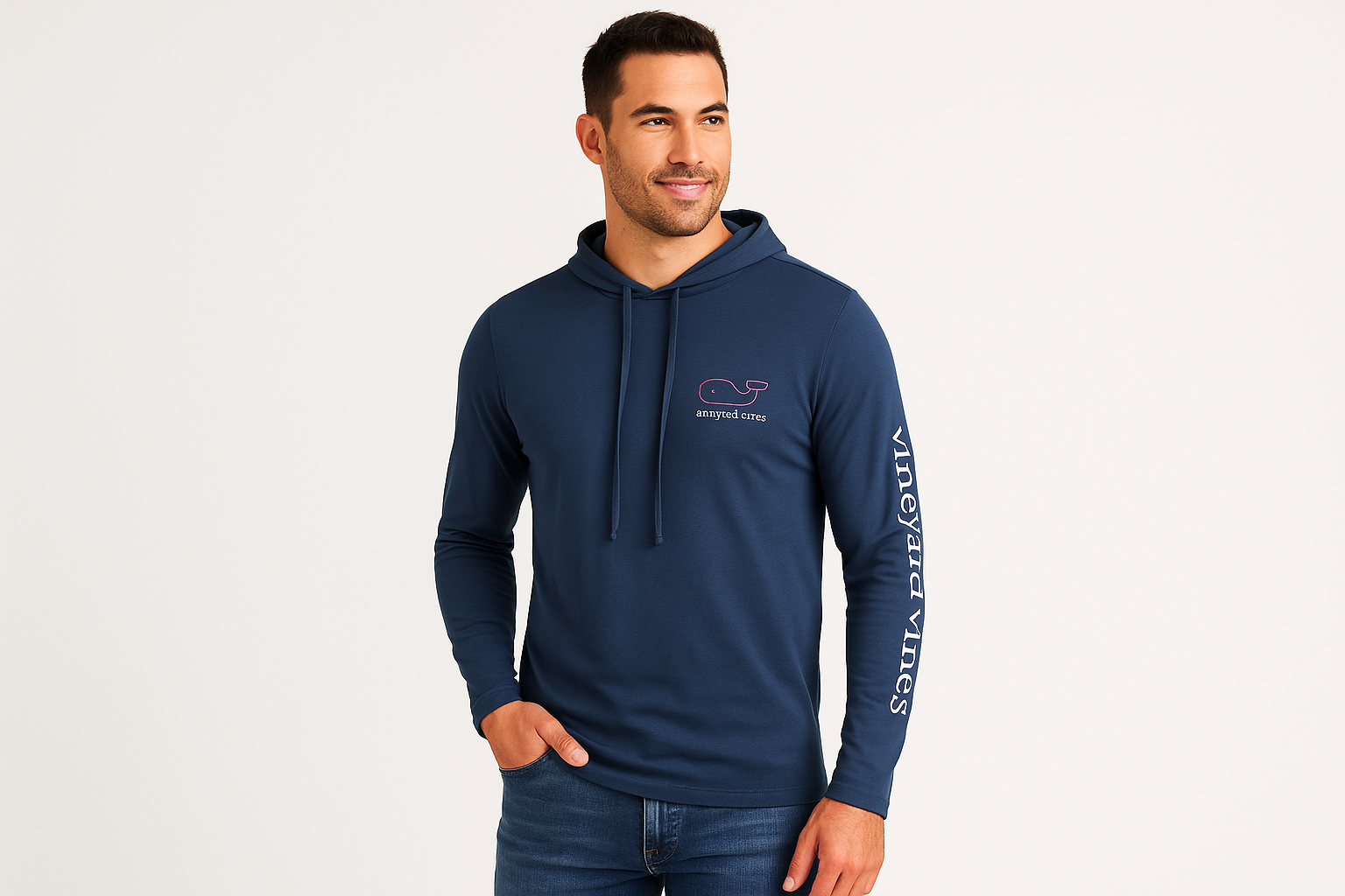Male model wearing the navy hoodie