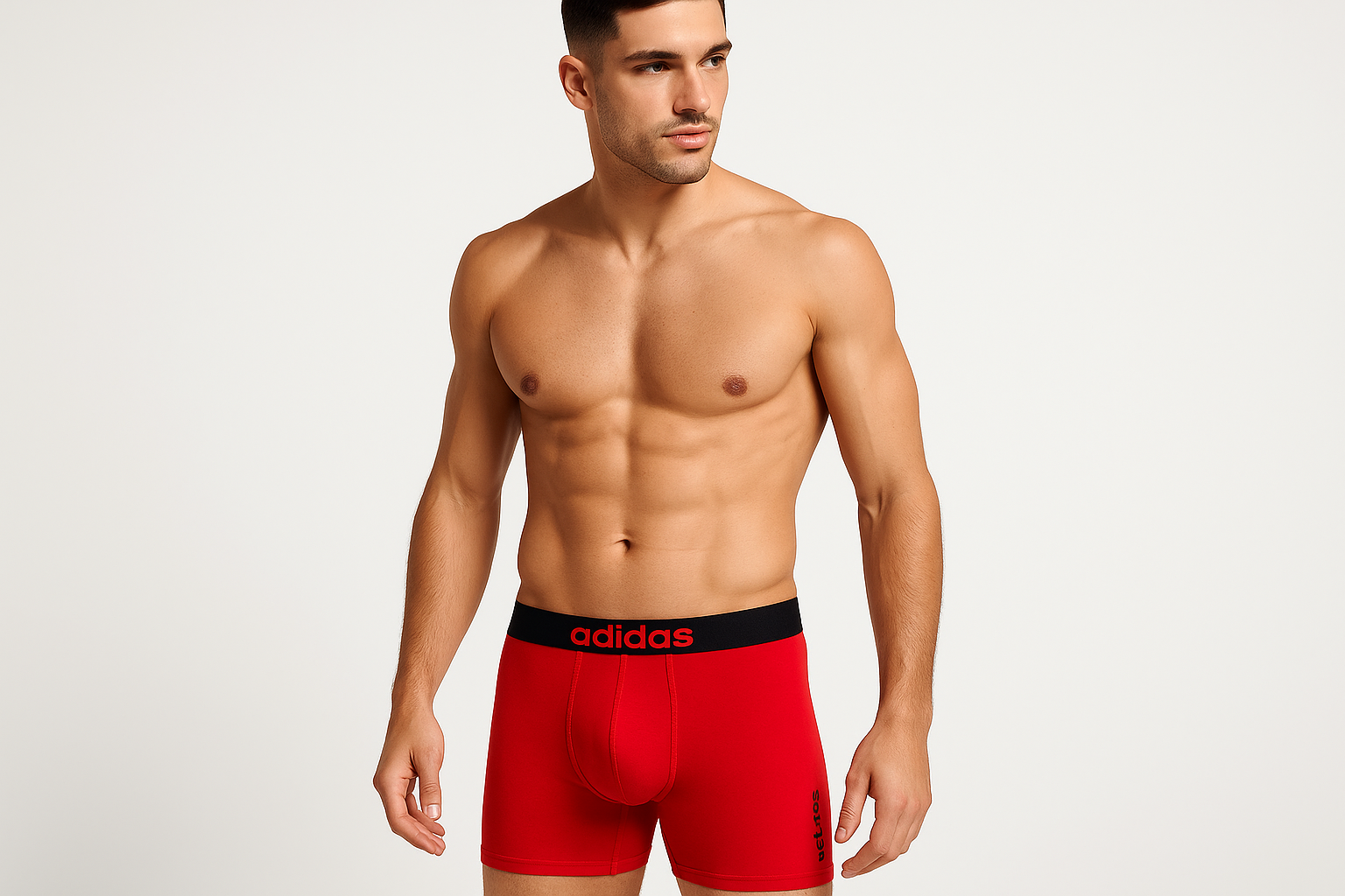 Modelo atlético con boxer rojo - pose frontal