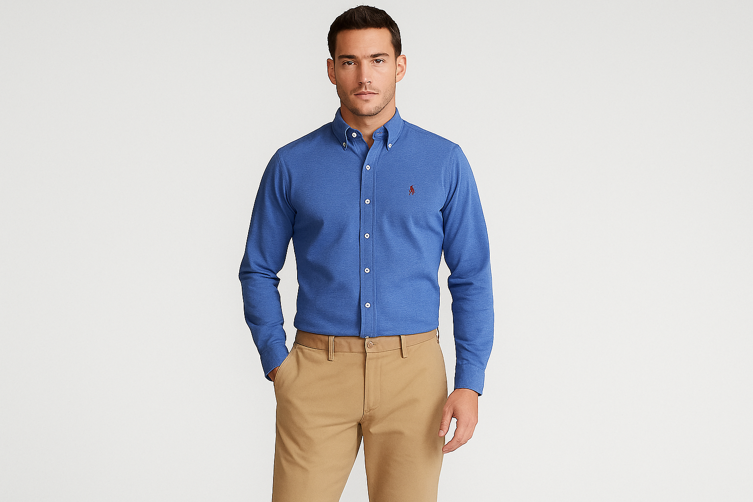 Modelo atlético con Camisa azul #365a8a y pantalón largo beige