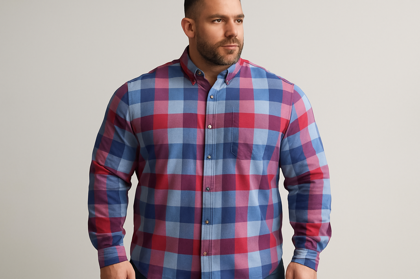 Modelo atlético con camisa cuadros grandes frontal