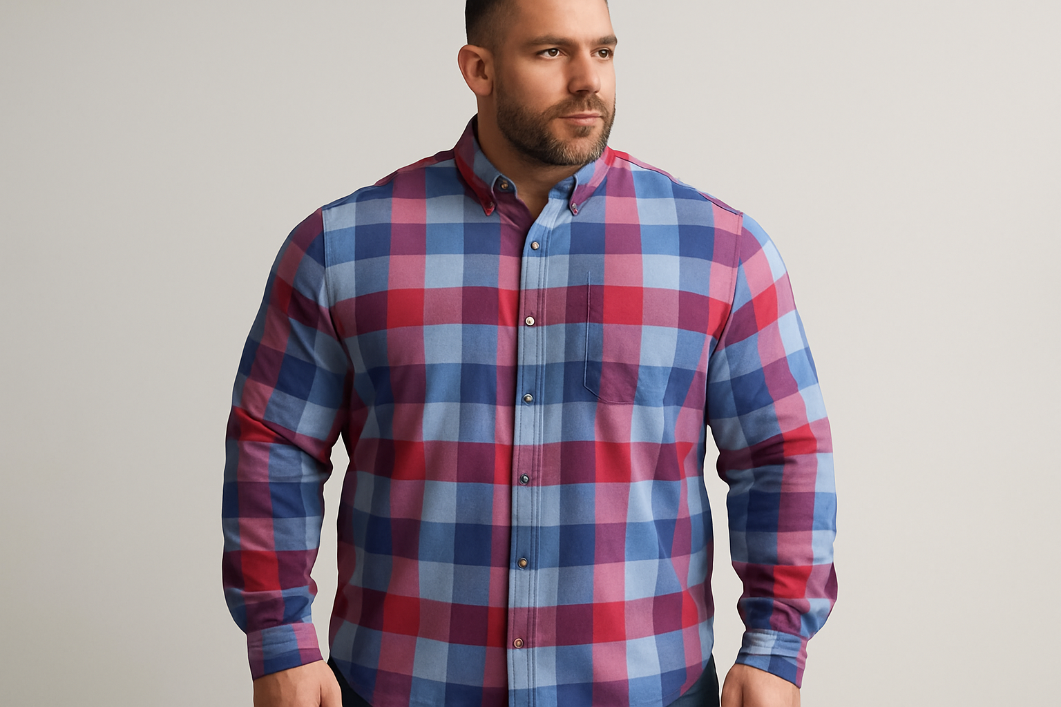 Modelo atlético con camisa cuadros grandes frontal