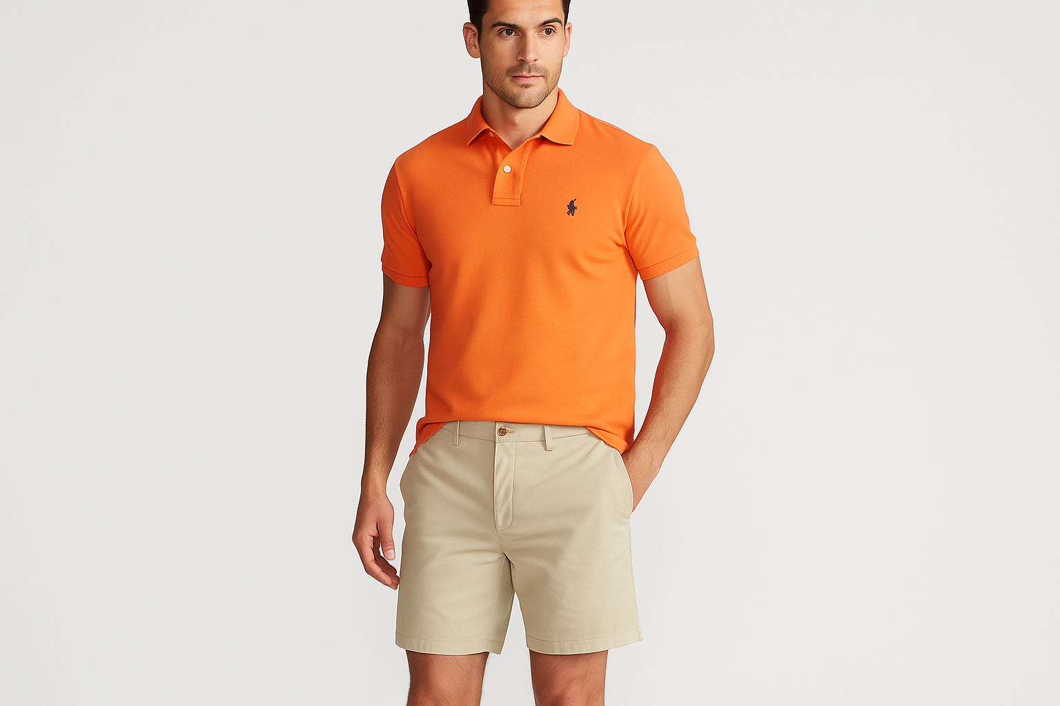 Modelo atlético con outfit completo: Polo naranja y short beige
