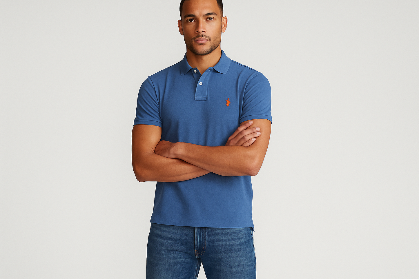 Modelo atlético con Polo #50699f logo naranja - Brazos cruzados