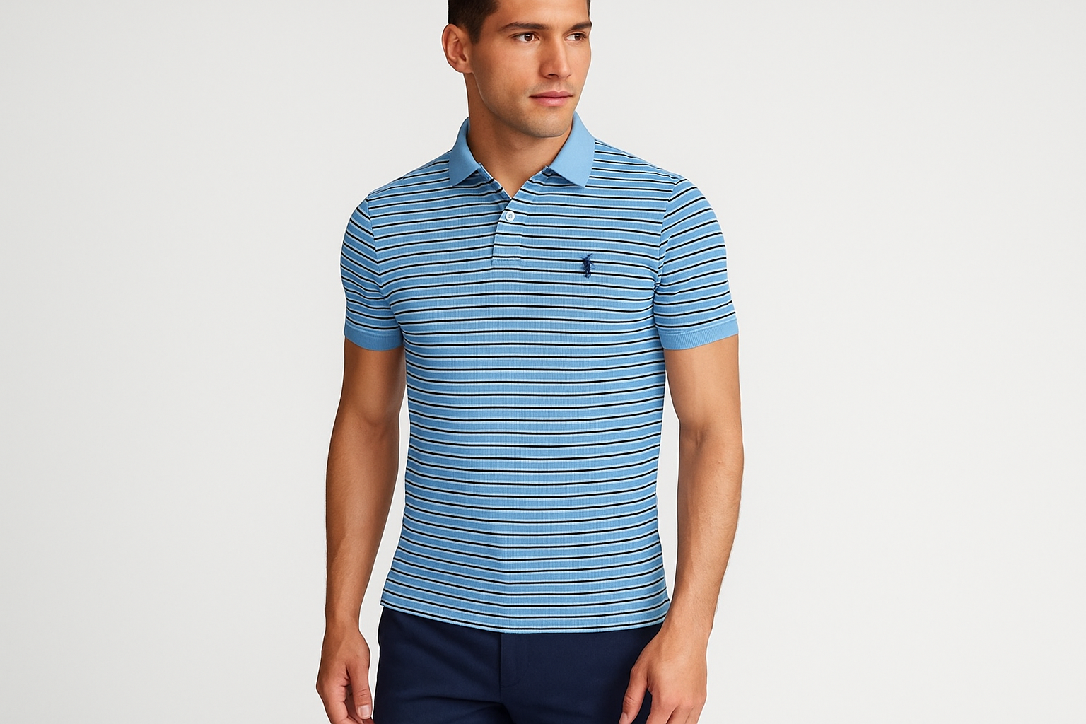 Modelo atlético con Polo celeste líneas pegadas - Pose casual