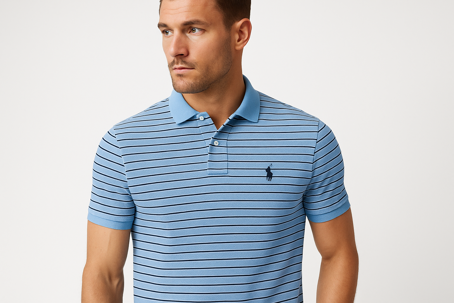 Modelo atlético con Polo celeste líneas pegadas - Pose tres cuartos