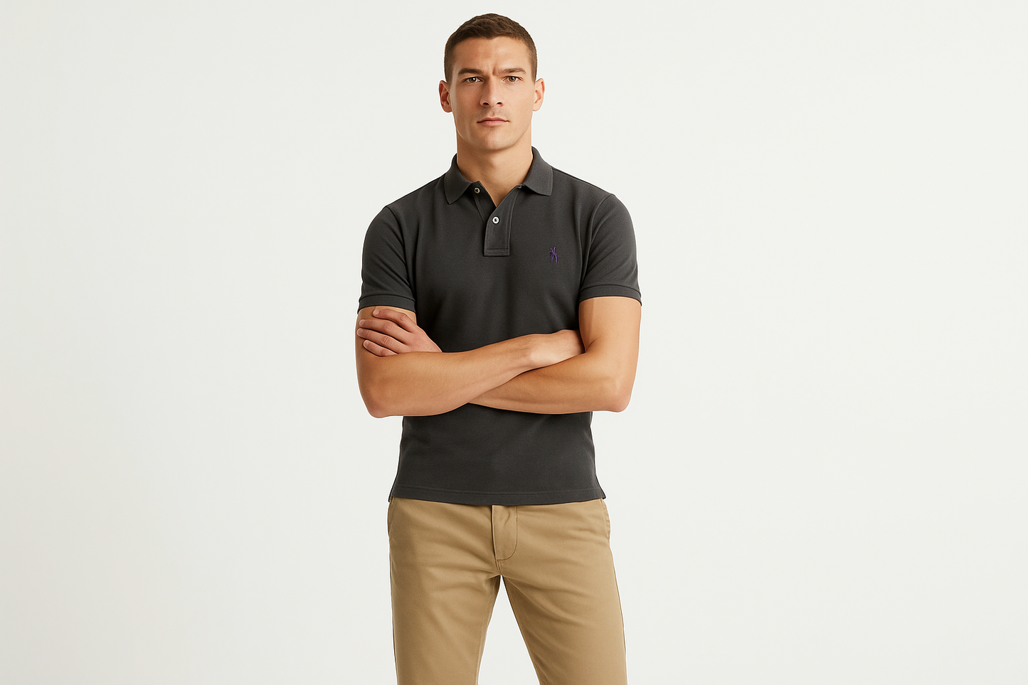 Modelo atlético con Polo Custom Fit gris oscuro logo pequeño - Brazos cruzados