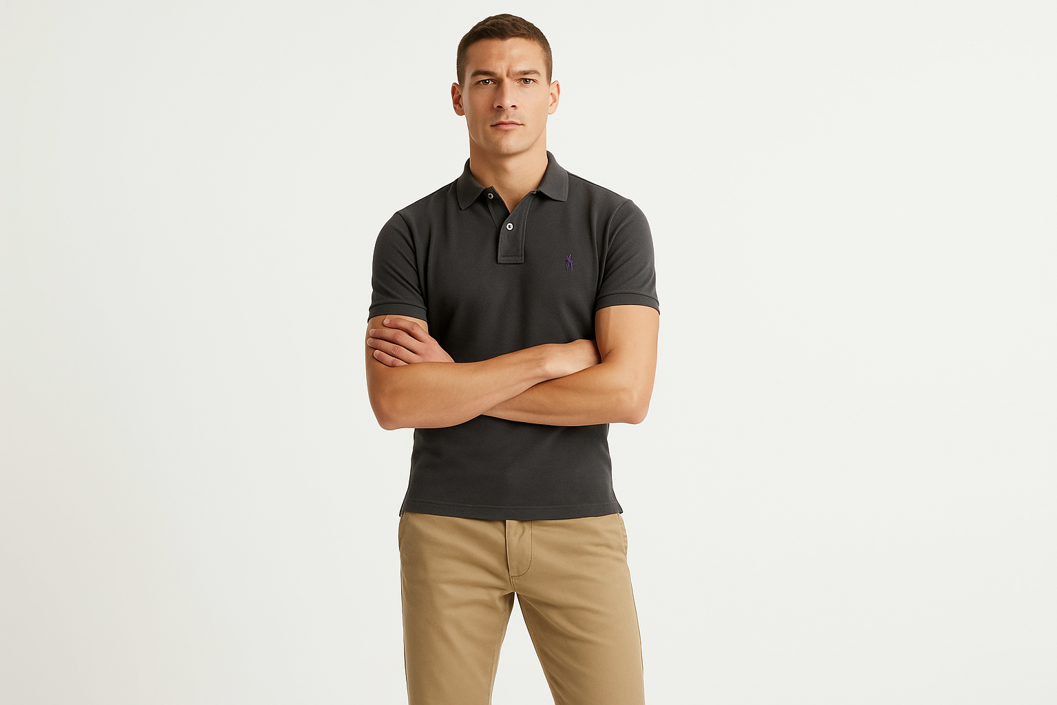 Modelo atlético con Polo Custom Fit gris oscuro logo pequeño - Brazos cruzados