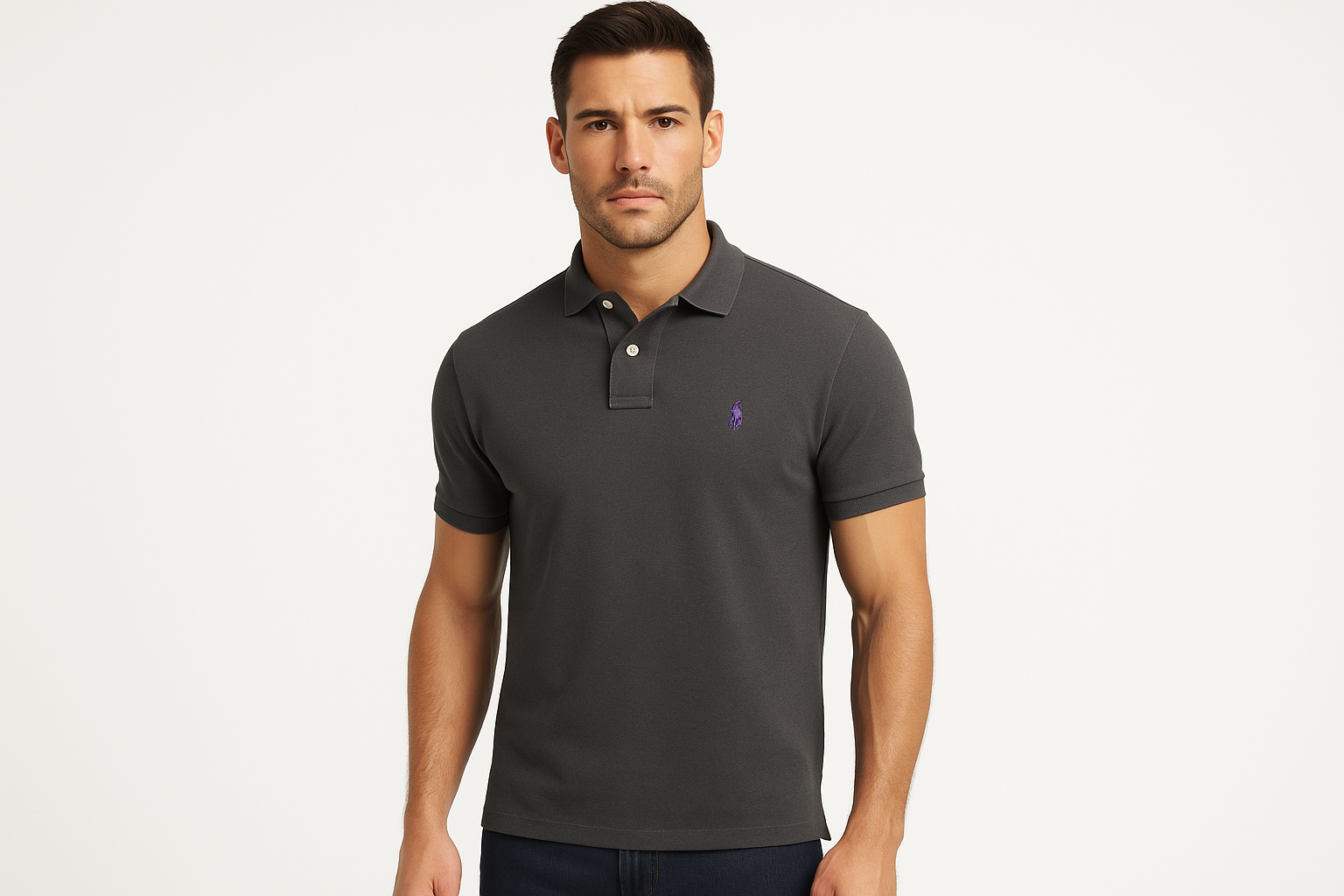 Modelo atlético con Polo Custom Fit gris oscuro logo pequeño - Pose frontal