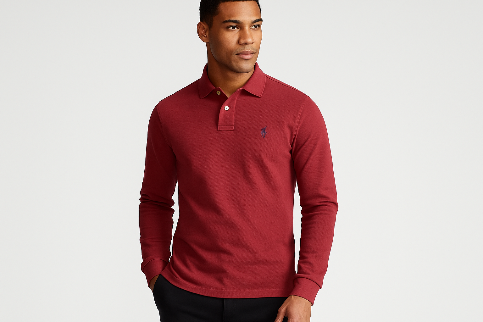 Modelo atlético con Polo manga larga #b63945 - Pose tres cuartos