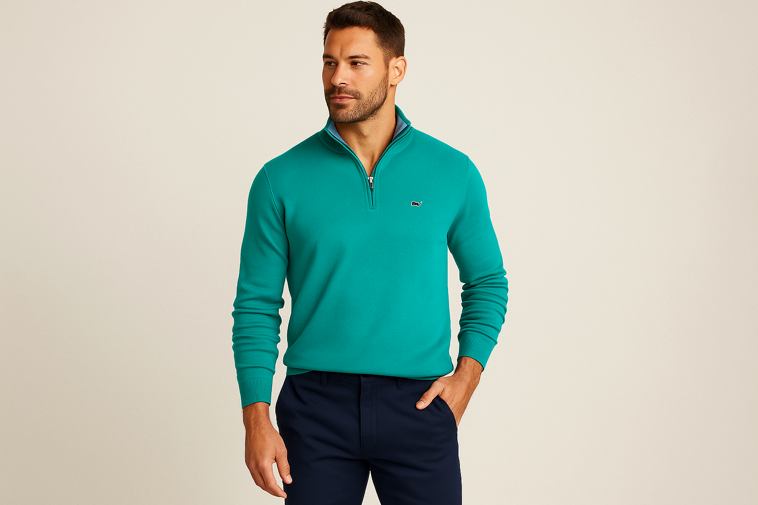 Modelo atlético con suéter Vineyard Vines color #06a19a y pantalones navy blue