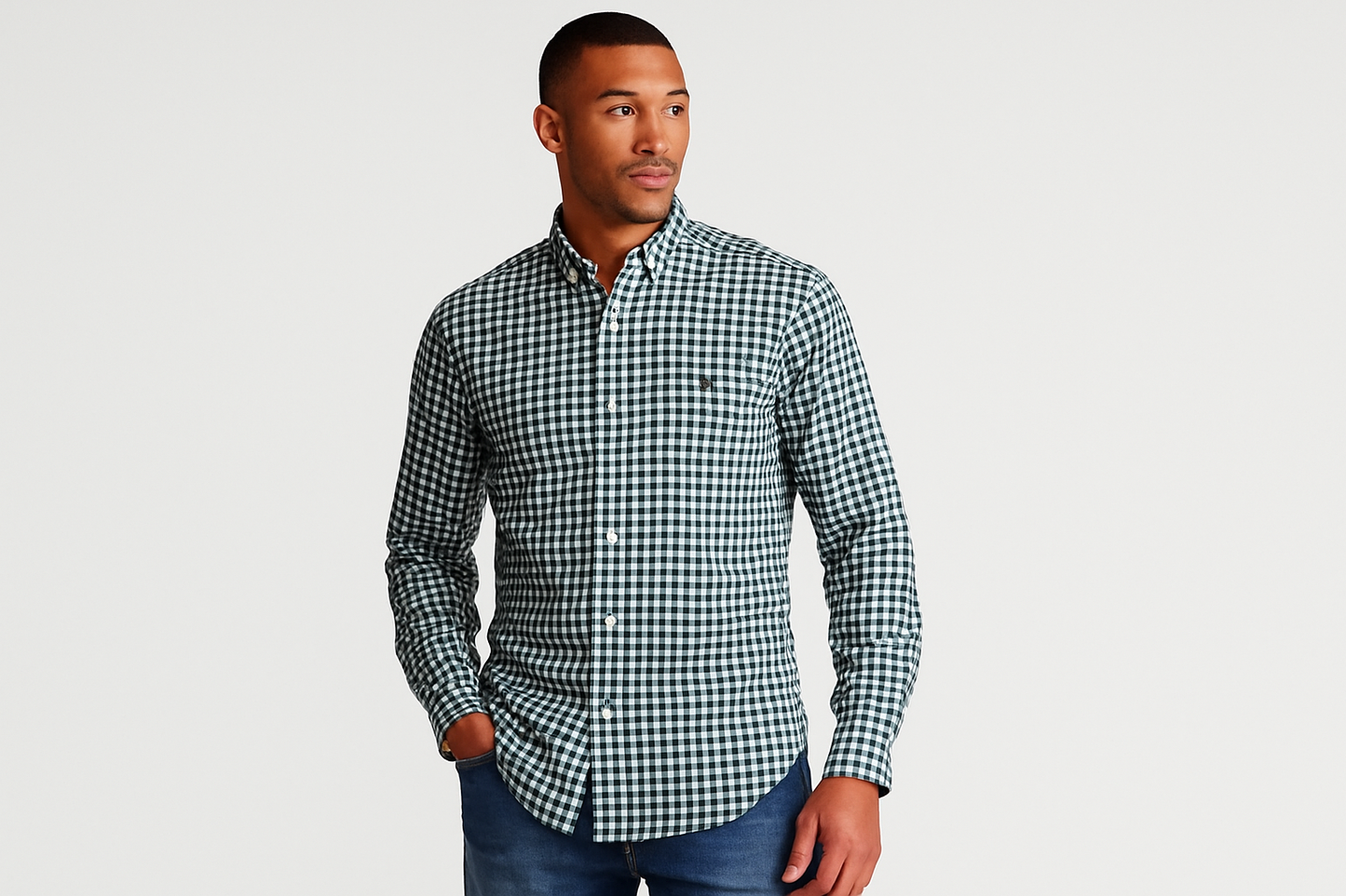 Modelo atlético pose casual camisa gingham