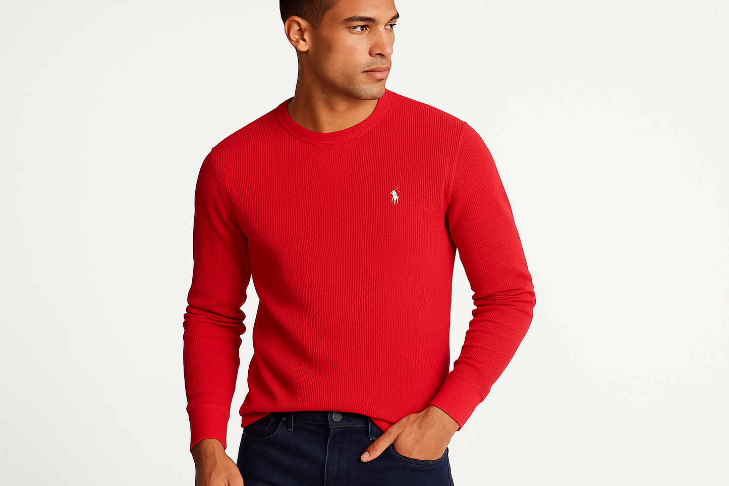 Modelo atlético pose casual camiseta waffle roja