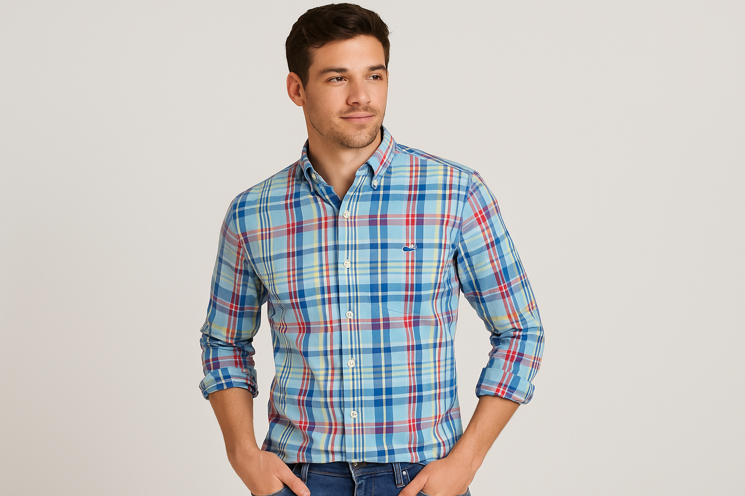 Modelo atlético - Pose casual con mangas enrolladas repetida