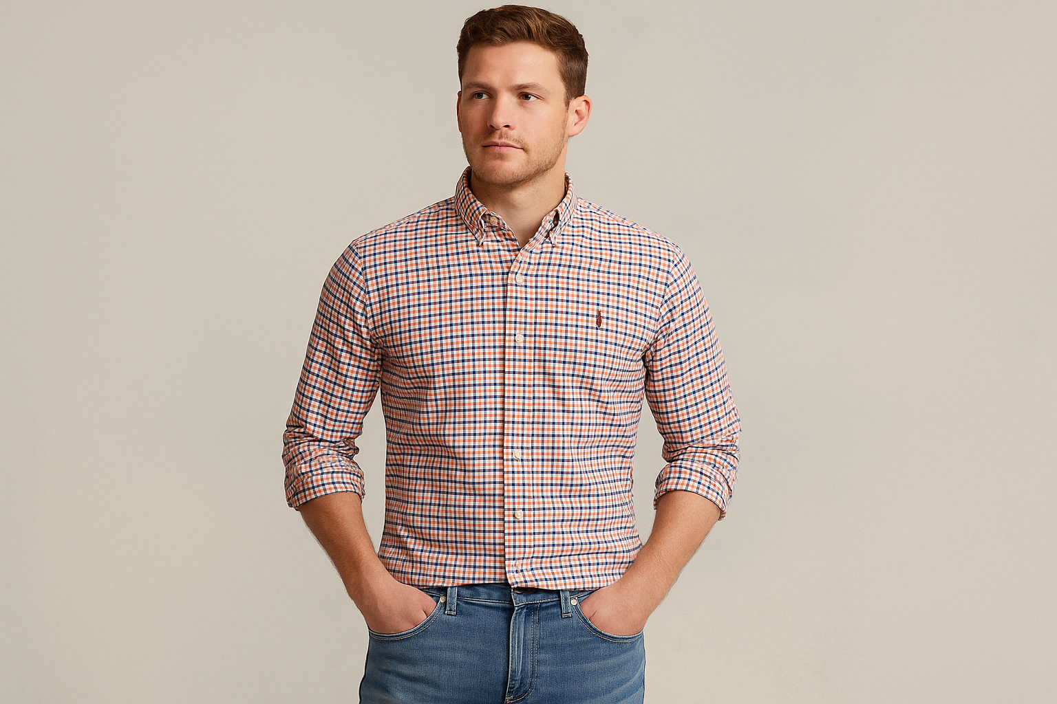 Modelo atlético - Pose casual con mangas enrolladas