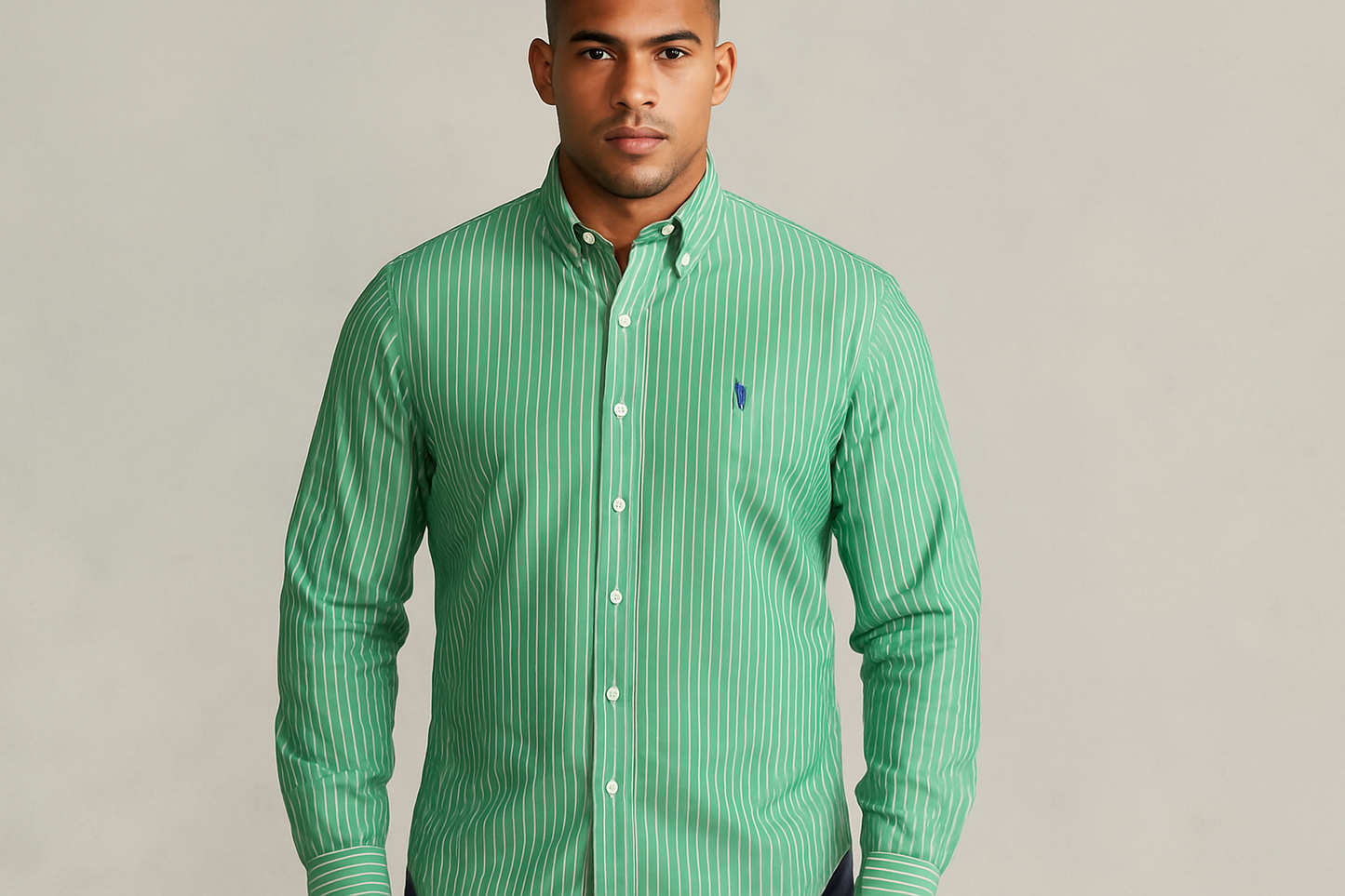 Modelo atlético rayas finas predominio verde frontal