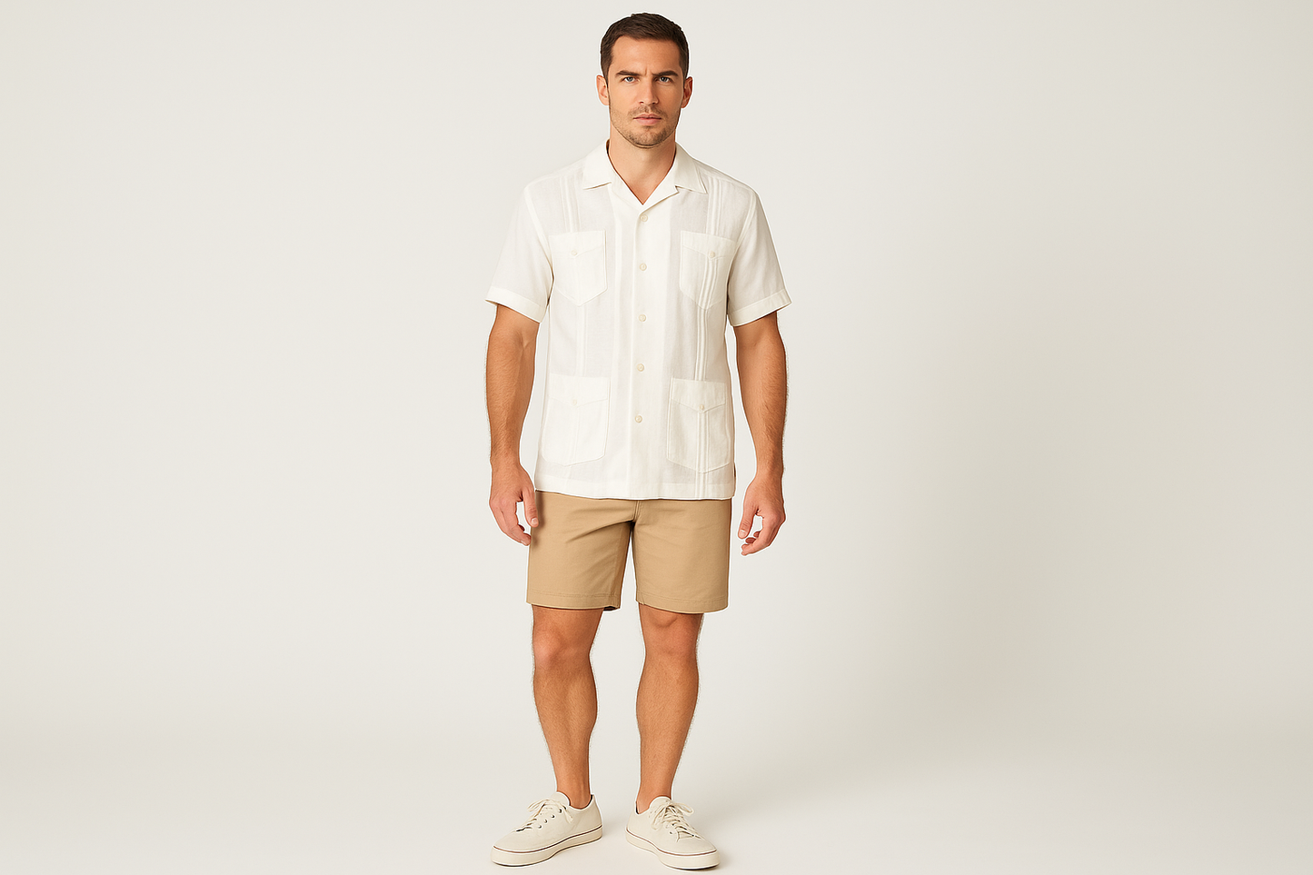 Modelo atlético talla M - Look casual tropical