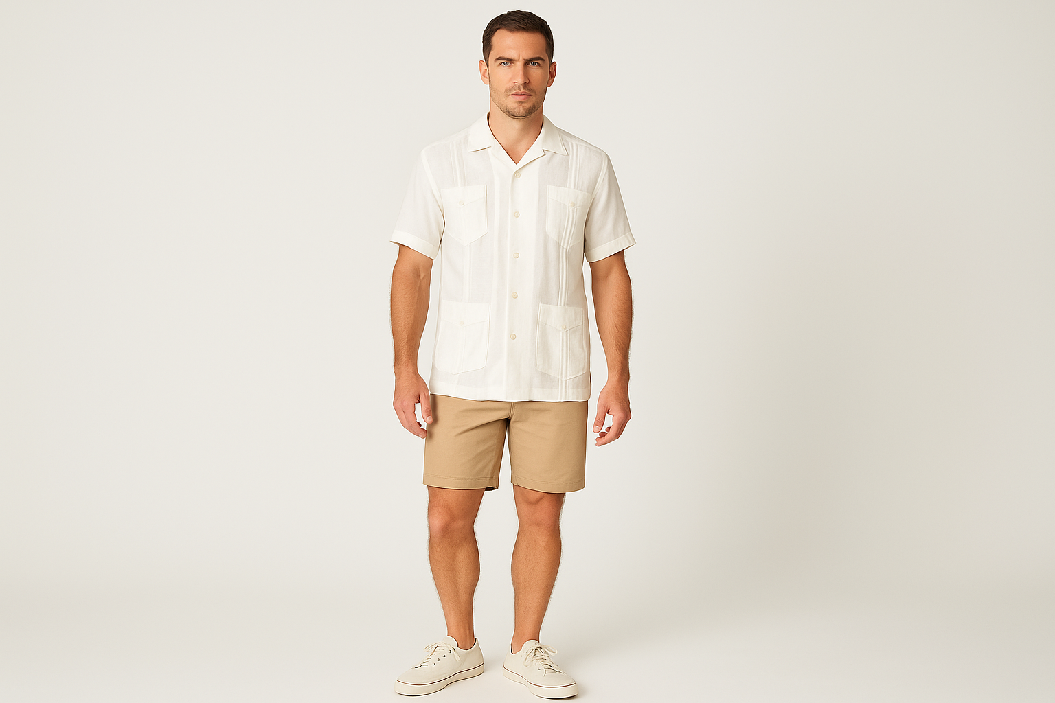 Modelo atlético talla M - Look casual tropical