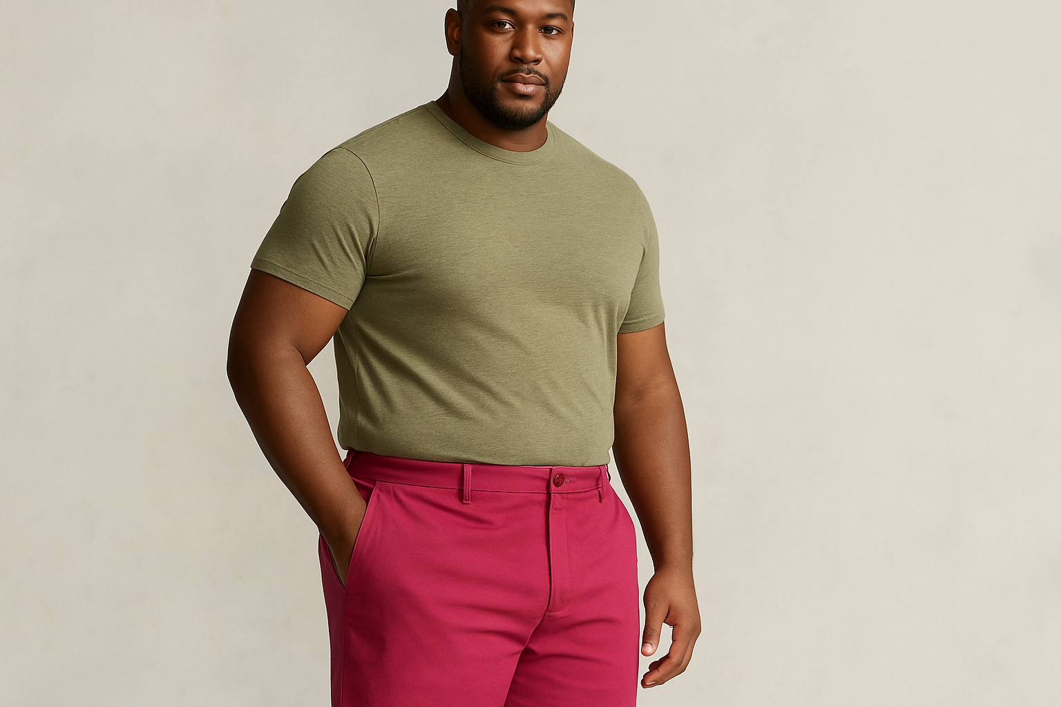 Modelo atlético talla XL en pose casual con mano en bolsillo