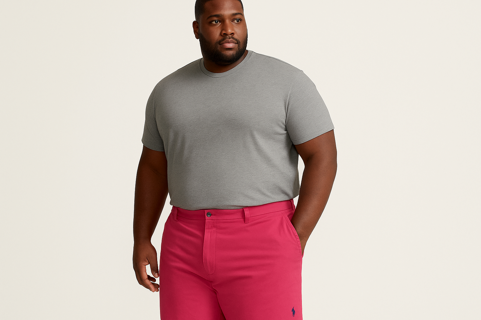 Modelo atlético talla XL en pose casual con mano en bolsillo