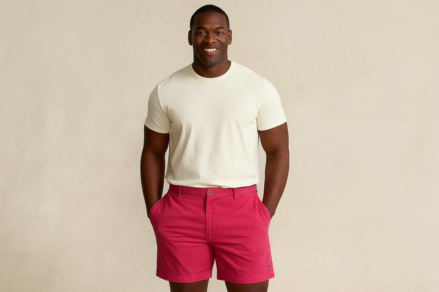 Modelo atlético talla XL frontal con short Polo Ralph Lauren color #e54a6a
