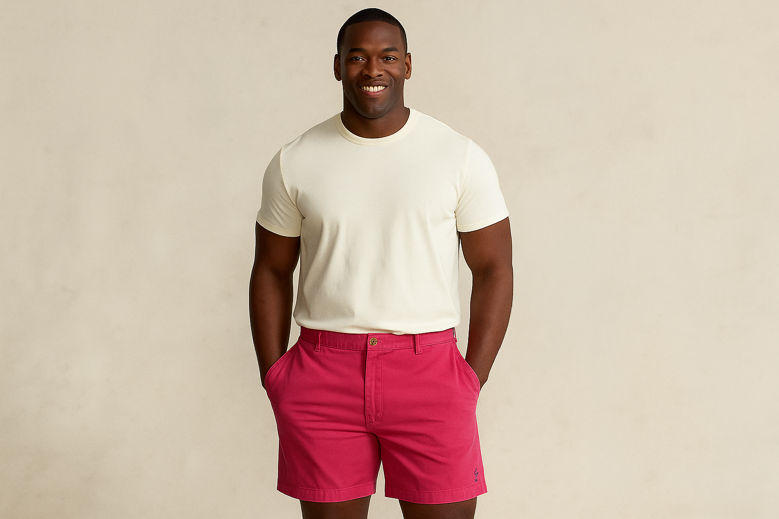 Modelo atlético talla XL frontal con short Polo Ralph Lauren color #e54a6a