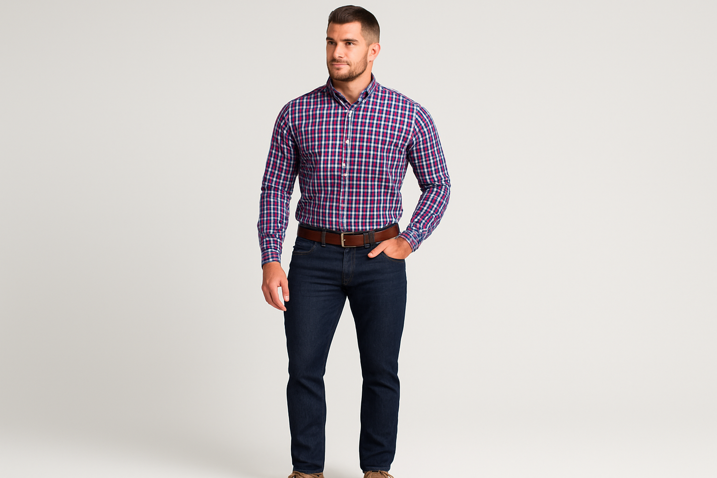 Modelo atlético usando la camisa a cuadros azul, rojo y blanco talla XL